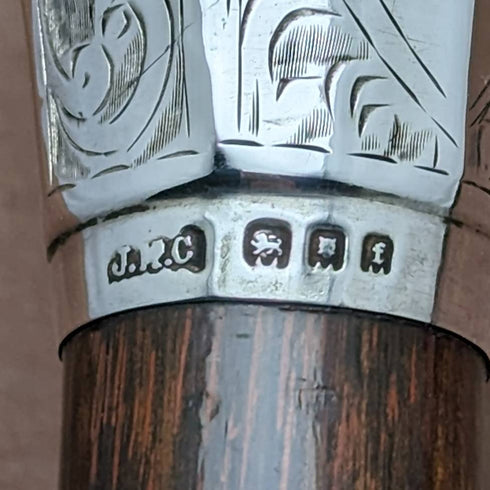 1921 British antique gentleman's walking stick, pure silver, round handle, 92cm